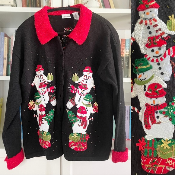 Vintage Snowman Christmas Cardigan Sweater M - Picture 1 of 15